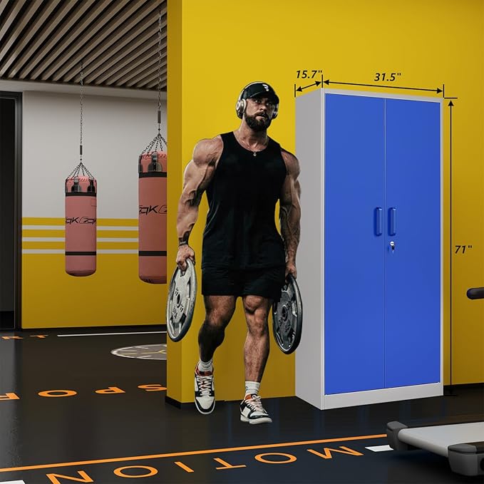 STANI Metal Garage Storage Cabinet with Lock, 71" Steel Lockable File Cabinet, Locking Steel Storage Cabinet with 5 Adjustable Shelves for Home, Office, Garage, Warehouse (Blue Grey, 2 Door - 71" H)