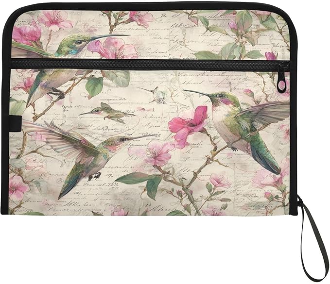 Hummingbird Pink Flowers Expanding File Organizer with 13 Pockets Accordion File Folders with Labels,Portable Document Paper Bill Receipt Organizer,Home College School Office Supplies, Letter