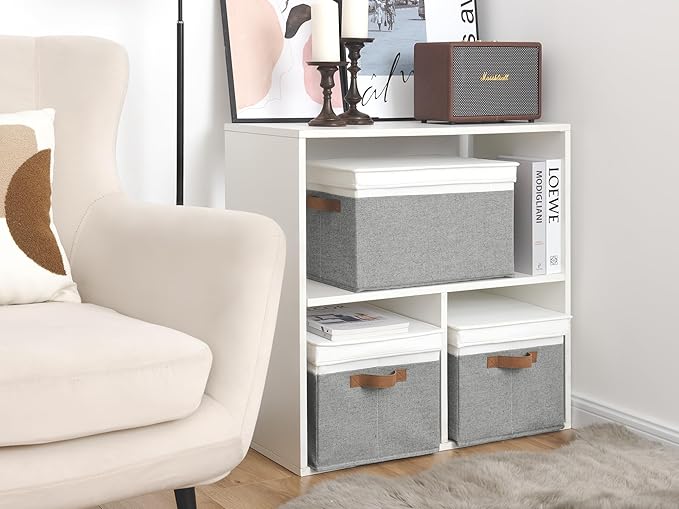 StorageWorks Storage Bins with Lids, Decorative Storage Boxes with Lid and PU Handles, Foldable Storage Baskets for Closet, Shelves, Stackable, Grey and White, Jumbo, 3-Pack