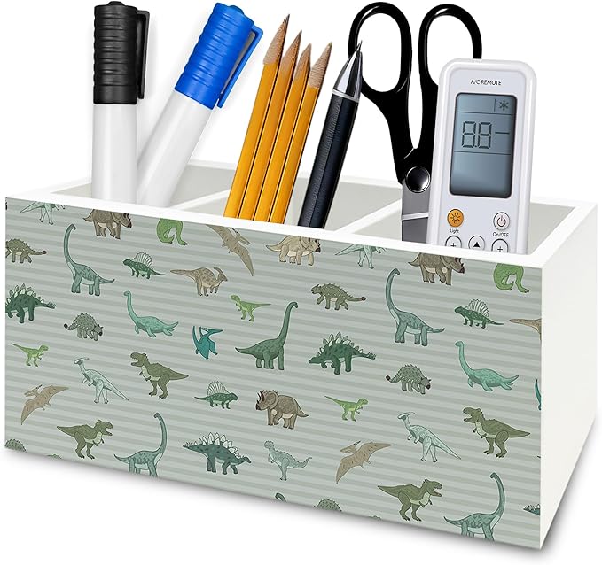 Dinosaur Gifts Pen Pencil Holder Organizer for Desk, Dinosaur Gifts for Boys Kids, Dino Striped Wooden Box Signs Decorations for Home Classroom Kids Boys Room Bedroom Desk Tabletop