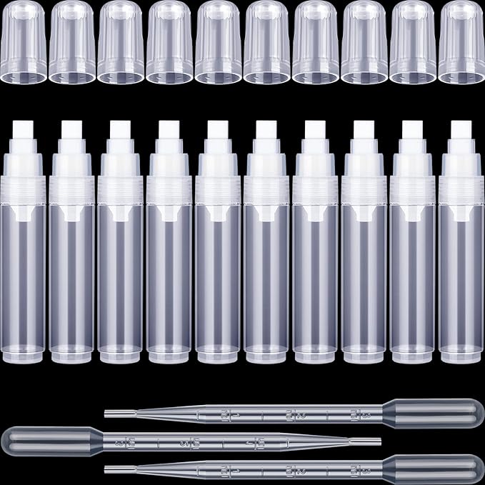 Sabary 10 Pcs Refillable Paint Markers 10 mm Empty Acrylic Markers Blank Flat Head Graffiti White Fillable Paint Pen with 5 Pcs 3 ml Dropper for Oil Water Ink Art Painting Craft Kit