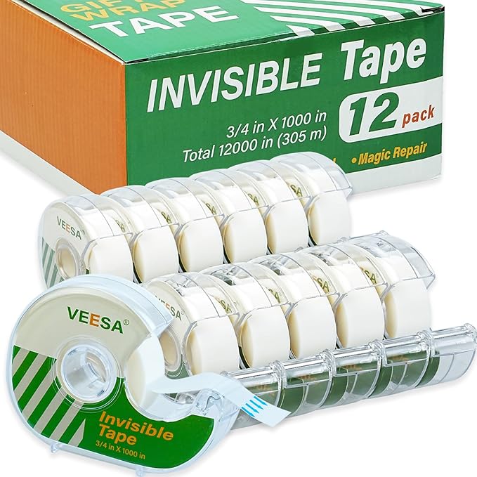VEESA Invisible Tape with Dispenser, 12 Rolls, 3/4 x1000 Inches, Matte Finish, Gift Wrapping Tape for Label & Mend, Classroom, Office, Back to School Supplies