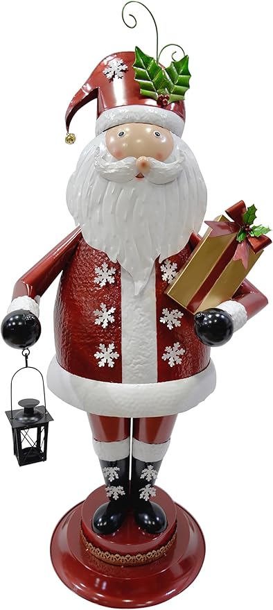 Fraser Hill Farm 50-in. Iron Santa Claus Holding Gift and Lantern with Removable Lawn Stake, Festive Holiday Decor, Indoor/Outdoor Christmas Decoration