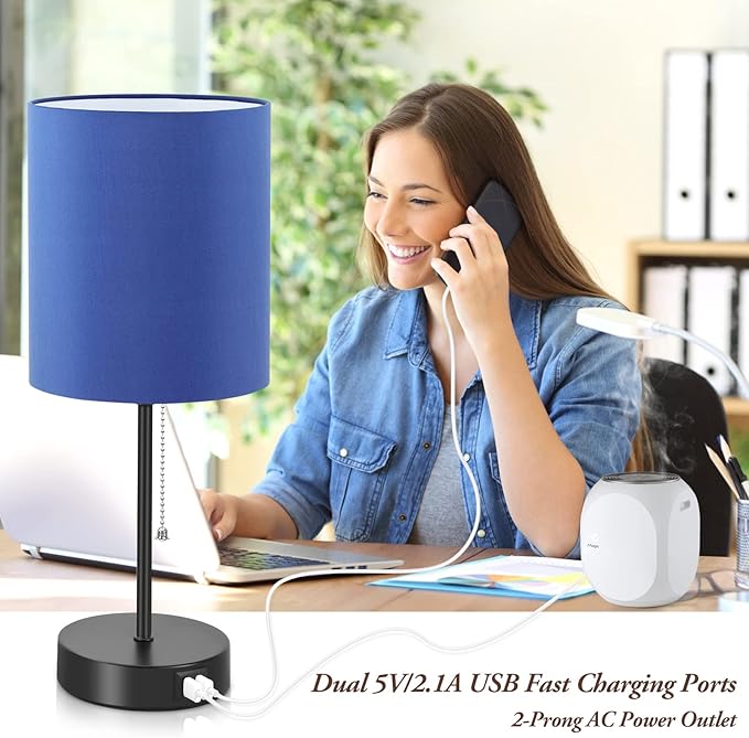 Table Lamps Set of 2 with USB Charging Ports, Blue Bedside Lamps with AC Outlet, Nightstand Lamps with Pull Chain Switch, Minimalist Modern Desk Lamps with Fabric Shade for Living Room Bedroom Office
