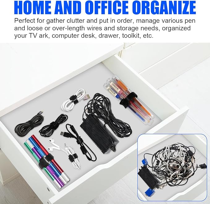 100 PCS 8 Inch Reusable Cable Ties, Adjustable Cable Management Wire Straps with Hook and Loop, Multi-purpose for Home, Office and Data Centers Organizer by QINGLER