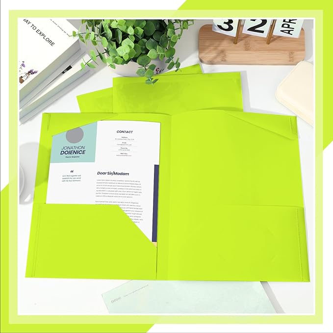 Henoyso 36 Pcs Plastic Folders with Clear Front Pockets Heavy Duty File Folders with 2 Pockets and Card Slot for Student Communication School Office Presentation Report (Fluorescent Green)