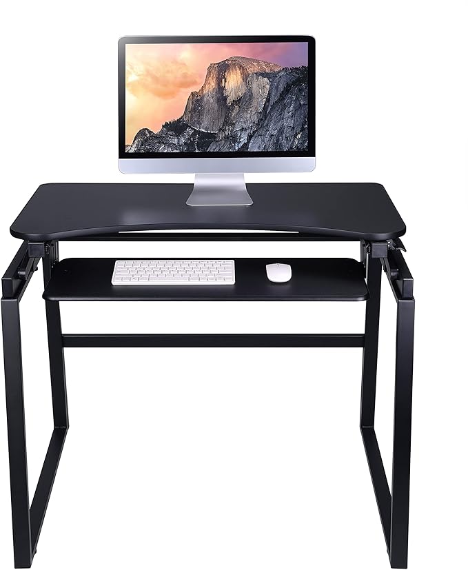 Rocelco 32" Height Adjustable Standing Desk Converter with Floor Stand Bundle - Slide Out Retractable Keyboard Tray - Sit Stand Up Dual Monitor Riser - Computer Workstation - Black (R ADRB-STFS)