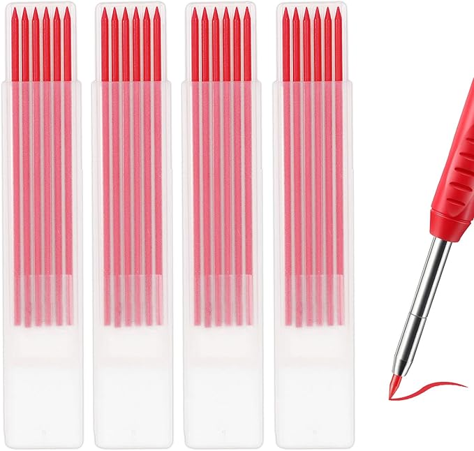 24Pcs 2.8mm Carpenter Pencil Refill Long Lasting HB Refill for Construction Pencils Replacements Carpenter Marker Graphite Woodworking Mechanical Pencil Leads(Red)