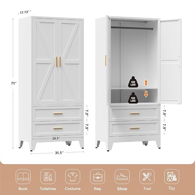 71" Tall Metal Wardrobe Cabinet with 2 Drawers and Hanging Rod, 2 Doors Armoire Wardrobe Closet with Shelf for Bedroom, Office, Laundry Room, White