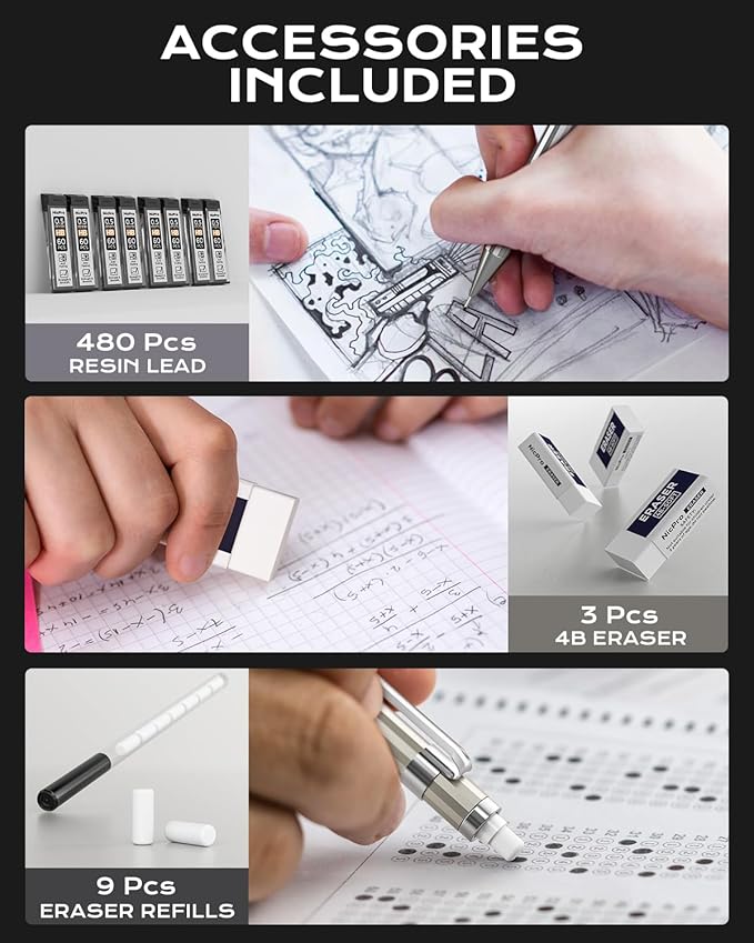 Nicpro 4 Pack Mechanical Pencil 0.5 mm with Case, MB1000 Metal Mechanical Pencil Set with 8 Tube HB #2 Lead Refill 0.5mm, 3PCS 4B Eraser, 9 Cap Eraser for Artist Drafting Writing, Sketching, Drawing