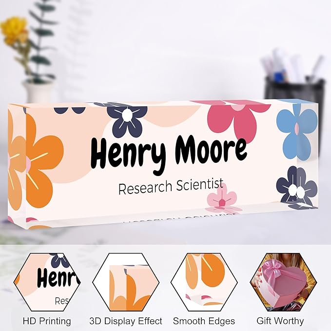 Custom Name Plate for Desk, Personalized Acrylic Office Name Sign with Name & Title, Elegant Desk Decor for Women Men, Employee Appreciation Gift (Colorful Flower)