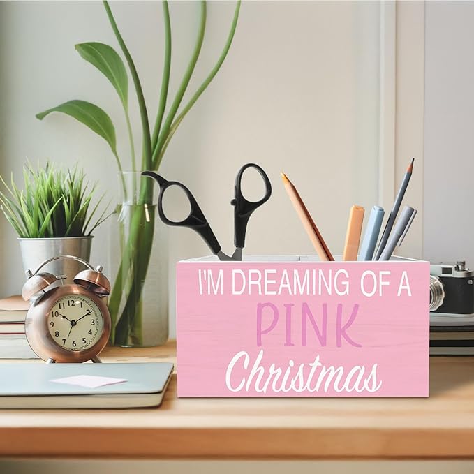 Pink Christmas Pen Holder for Desk, I'm Dreaming of a Pink Christmas Wooden Box Sign Desk Decor for Girls Bedroom Home Office Decoration, Preppy Xmas Pencil Organizer