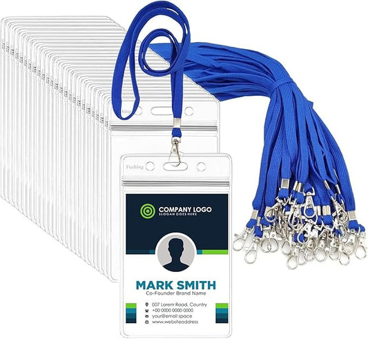 Fushing 50pcs Clear Plastic Vertical Name Tags Badge ID Card Holders and Blue Neck Lanyards with Swivel Hook for School, Festival, Event (L)