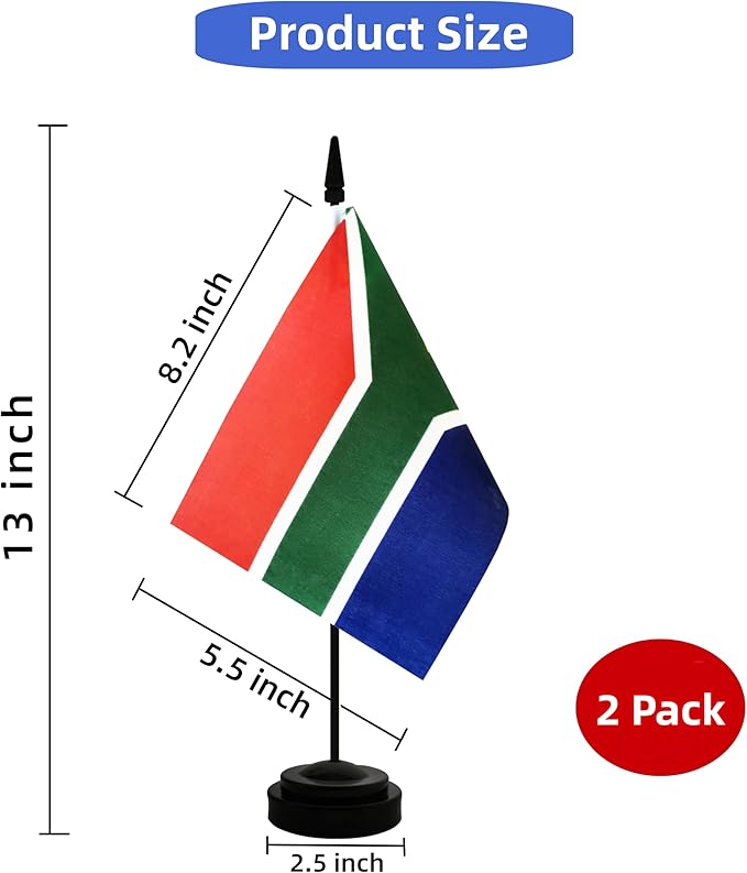 2 Pack South Africa Desk Flag, South African Table Office Flag with Solid Pole and Stand Base, International Country Flag, Festival Celebration, Classroom Meeting Desktop Decoration (South Africa)
