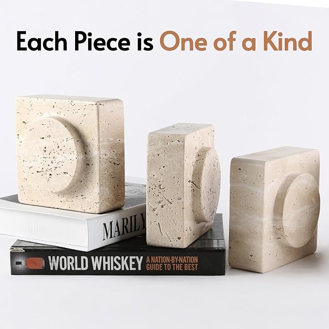 Koville Marble Square Book Ends, Heavy Duty Book Holders, Bookends for Shelves, Office Bookshelf Decor for CDs/Video Games(Travertino Romano)