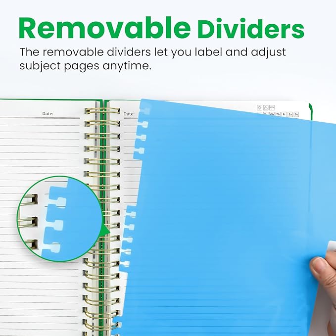 Hardcover Spiral Journal Notebooks for Work With Removable Dividers & Tabs, 8.5"x11" 5 Subject Notebook for Note Taking & Organizer, A4 College Ruled Lined Journal for Women & Writing, Racing Green, 280 Pages