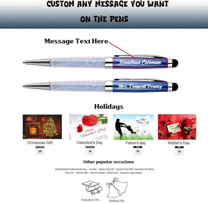 Custom Pens Bulk,Personalized Pens with Free Engraving,Customized Stylus Ballpoint Pens with Your Name,Text,Message for Business,Graduation,Anniversaries-Colorful Pens 12/Pack