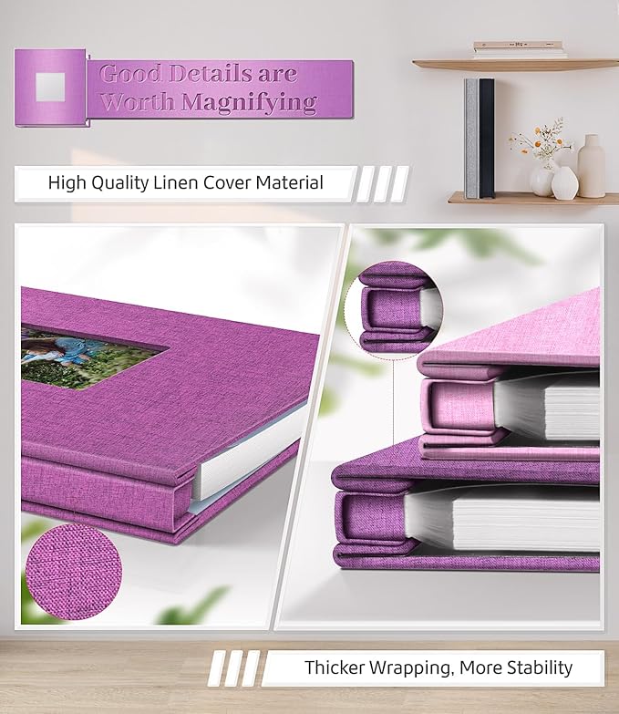 Photo Album Self Adhesive Scrapbook Album for 3x5 4x6 5x7 8x10 Pictures,120 Pages Linen Cover with Display Window DIY Photo Book,Ideal Gifts for Family Travel Wedding Baby