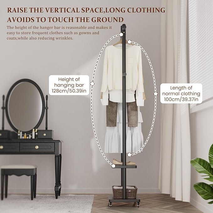 Coat Rack Freestanding Clothing Rack with Wheels & 2 Shelves Storage & 5 Hooks Heavy Duty Clothes Rack Wood Coat Tree Stand Hat Hanger Rack for Corner Bedroom Entryway Living Room Hotel