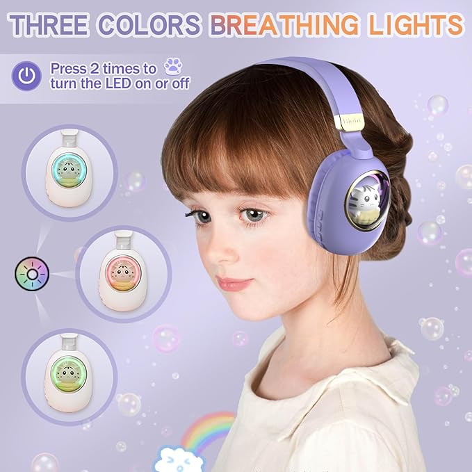 Purple Kids Bluetooth Headphones Wired with Microphone for School - Wireless Boy Girls Noise Cancelling Over Ear Bluetooth Headphones Children Headsets for iPad Kindle Airplane Travel Tablet