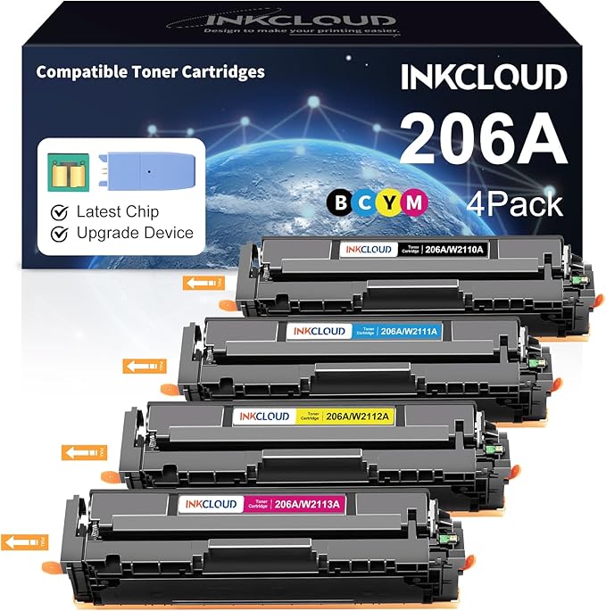 INKCLOUD 206A Toner Cartridges 4 Pack with Chip Compatible Replacement for HP 206A 206X W2110A W2110X Work with Color Pro MFP M283fdw M283cdw Pro M255dw M283 M255 Printer Ink High Yield Toner