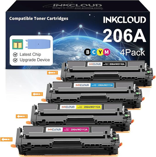 INKCLOUD 206A Toner Cartridges 4 Pack with Chip Compatible Replacement for HP 206A 206X W2110A W2110X Work with Color Pro MFP M283fdw M283cdw Pro M255dw M283 M255 Printer Ink High Yield Toner