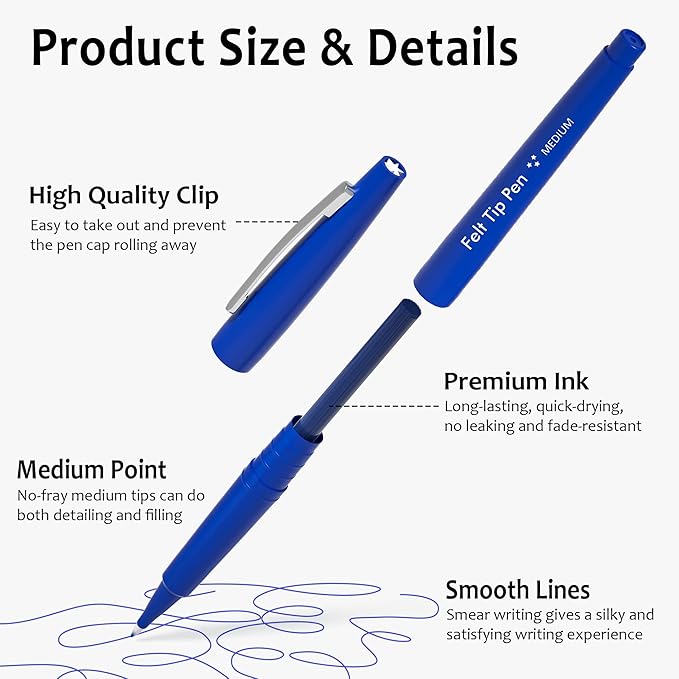 Lelix Felt Tip Pens, 30 Blue Pack, 0.7mm Medium Point, Felt Tip Markers Pens for Journaling, Writing, Note Taking, Planner, Perfect for School Office and Art Supplies