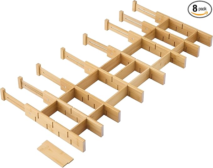 FILWH Bamboo Drawer Dividers with Inserts kitchen drawer organizer Adjustable Expandable 8 Pack Organizer Set for Kitchen Bedroom Bathroom Office 8 Dividers with 16 Inserts (Natural, Small (14-19IN))