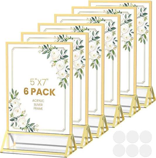 Acrylic Sign Holder 5X7 Gold Picture Frame Double-Sided Acrylic Frames for Wedding Table Numbers Photo Frames Flyers Menu with Removable Sticky Dots-6 Pack