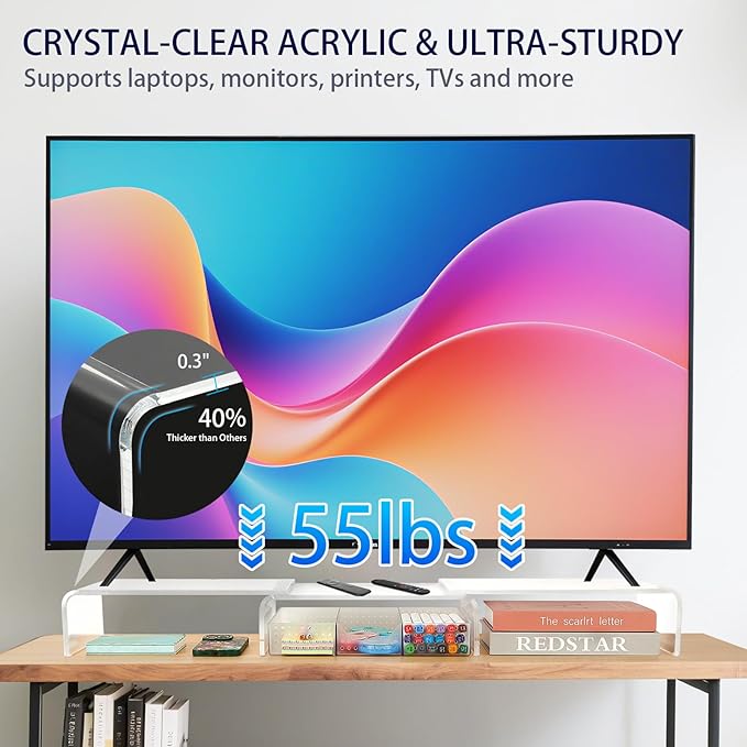 Clear Acrylic Desk Organizers and Accessories, Dual Computer Monitor Stand Riser with Drawer, Desk Shelf for Monitor, Workspace Desktop Organization for Office Supplies