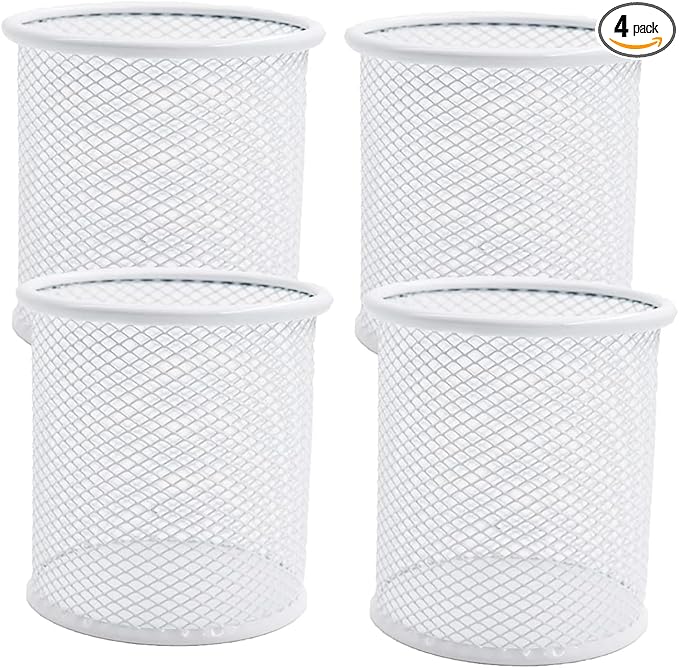 Pen Holder Mesh Pencil Holder Metal Pen Holder Cup Pencil Cup Holder for Desk Office Pen Organizer White, 4 Pack