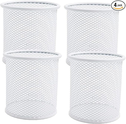 Pen Holder Mesh Pencil Holder Metal Pen Holder Cup Pencil Cup Holder for Desk Office Pen Organizer White, 4 Pack