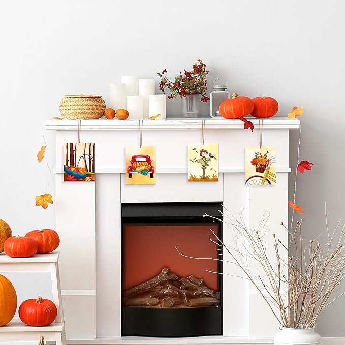 COCHIE 10PCS Large Fall Unfinished Wood Crafts to Paint for Adults Kids, Bulk Predrilled Wooden Ornaments for Painting, Pumpkin Scarecrow Maple Leaf Paintable Wood Slices Craft Supplies with Ropes