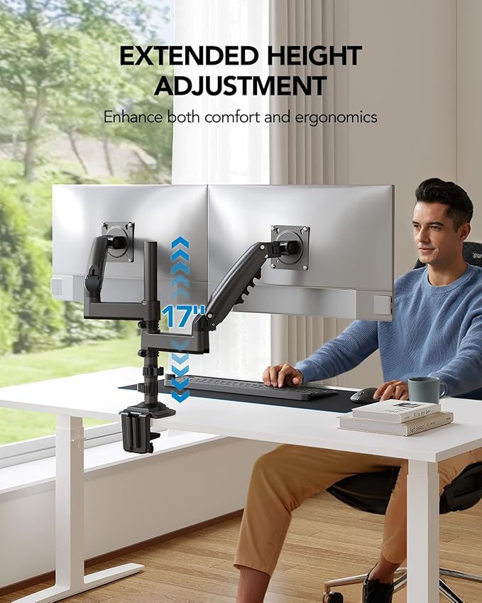 HUANUO 17-32 Inch Dual Monitor Stand, Gas Spring Dual Monitor Mount, Monitor Stand 2 Monitors, Ergonomic Adjustable Tilt/Swivel/Rotate, Weight Max 19.8 lbs, VESA 75/100mm