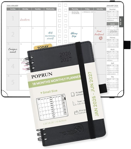 POPRUN Monthly Planner 2026-2027 (Pocket 4.25" x 6.25") 18 Months Calendar (Jan 2026 - Jun 2027) - 4 Pages per Month with Expense & Notes, Leather Cover, Sunday Starts - Black