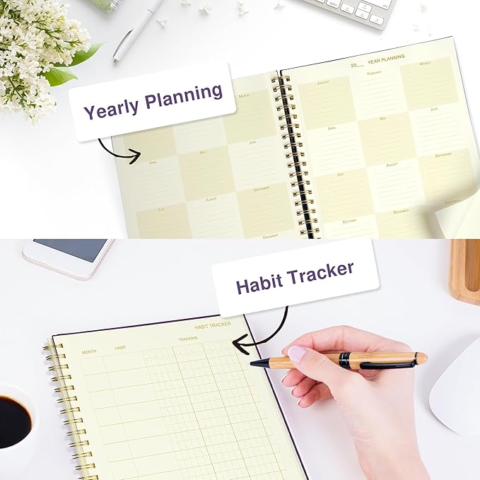 Undated Daily Planner To Do List Hourly Schedule 2027 2026 2025 Calendar & Holiday Habit Tracker 180 Pages Letter Size 8.5" x 11" Sheets Hardcover Wire-O Spiral Bound Notebook (Indigo)