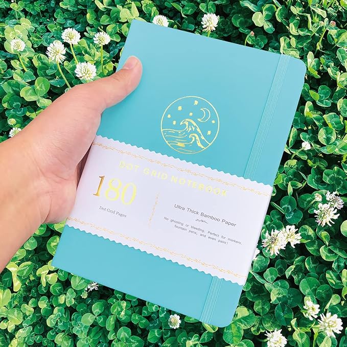 Dotted Notebook Journal 180GSM Bamboo Thick White Paper 160 Pages 5 * 5MM Dot Grid, Lay Flat Binding,Colored Silver Edges, Bookmarks and Expandable Back Pocket (BKP-7)