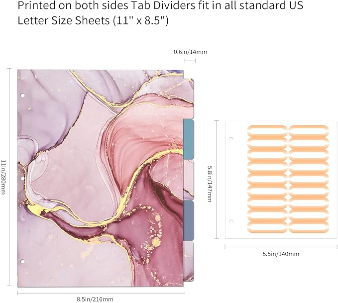 Ospelelf 3 Ring Binder 1.5 Inch, Pink Clipboard Organizer for Letter Size Documents (11" x 8.5") with 5 Tab Dividers, File Folder Labels, Paper Marble Binders for School and Office Supplies