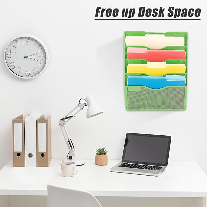 EASEPRES 5 Pocket Mesh Hanging Wall File Organizer, Wall Mounted Mail Paper Document Folder Holder, Clipboard Storage Organization Magazine Rack with Nametag Label for Office Home School, Green