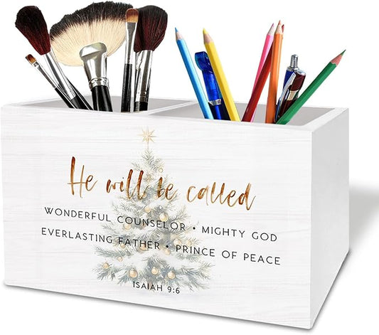 Christmas Tree Christian Pen Holder for Desk, He Will Be Called Bible Verse Wooden Box Sign Desk Decor for Home Office Decoration, Religious Pencil Organizer, Christian Christmas Decor