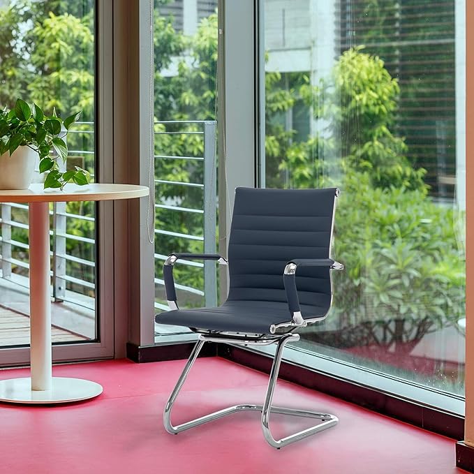 Office Desk Chair No Wheels Set of 4 PU Leather Computer Chairs Mid Back Guest Chairs for School Reception Conference Waiting Room, Navy Blue