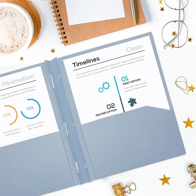 H4D Plastic 2 Pocket Folders with Prongs, Letter Size, Pastel Colors, 6 Pack