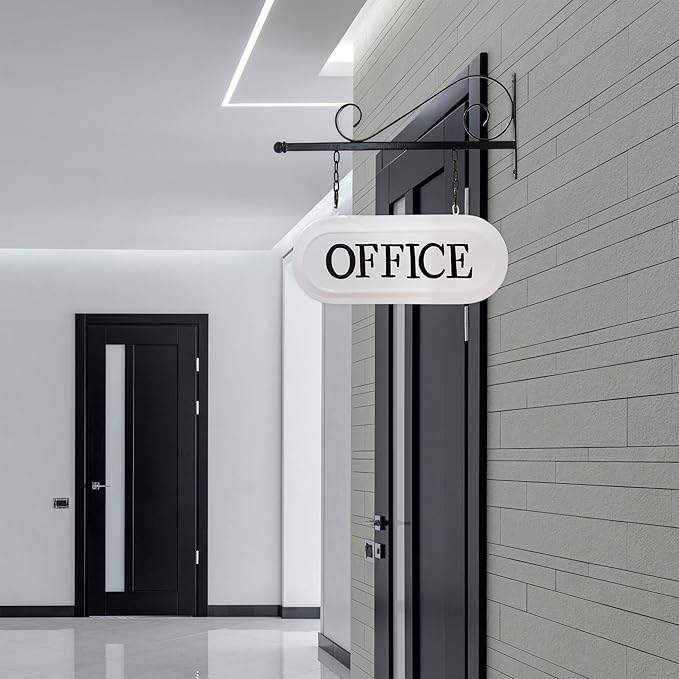 AuldHome Design Wall-Mounted Metal Office Sign, Farmhouse Enamelware 2-Sided Reception/Office Sign