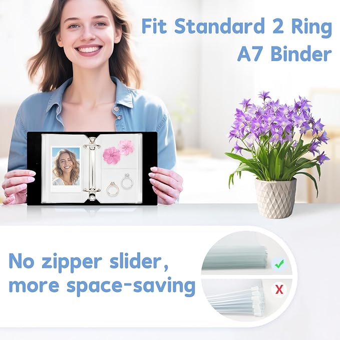 16 Pack Zippered Binder Pocket Sleeves for A7 Binder - Frosted Zipper Pouch Set Photo Card Jewelry Storage Organizer Binder Insert Refill Cash Saving Pages Protector Loose Leaf Bag (2-Hole)