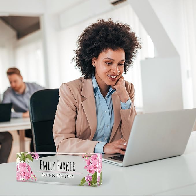 Custom Name Plate for Desk, Personalized Acrylic Office Name Sign with Name & Title, Elegant Desk Decor for Women Men, Employee Appreciation Gift (Orchid)