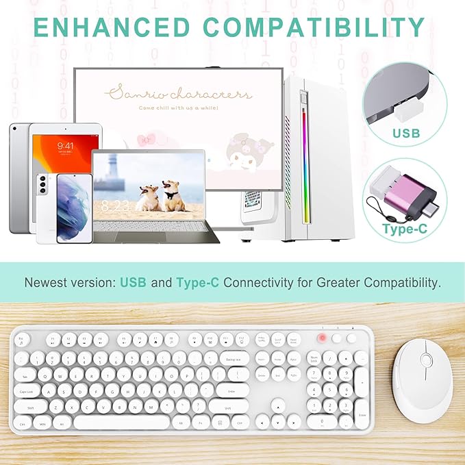 Wireless Keyboard and Mouse Combo, Ergonomic Full Size Typewriter Retro Round Keycaps Keyboard, Compatible with Windows, PC, Perfer for Home and Office Keyboards（White）