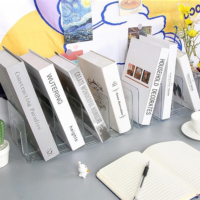 2PCS Acrylic File Organizer for Desk, Desktop Document/Mail Organizer, 4 Compartments Plastics Invisible Bookshelf Floating (12.5" x 5.7" x 5", Black)