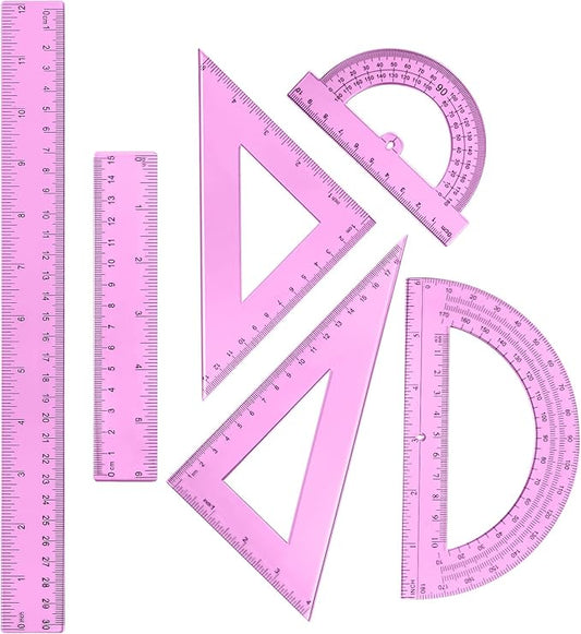 Tenare 6 Pcs Plastic Ruler Math Set Includes 12 Inch 6 Inch Straight Protractor Triangle Geometry Transparent Math Ruler Measuring Tools for School Office Home(Pink)