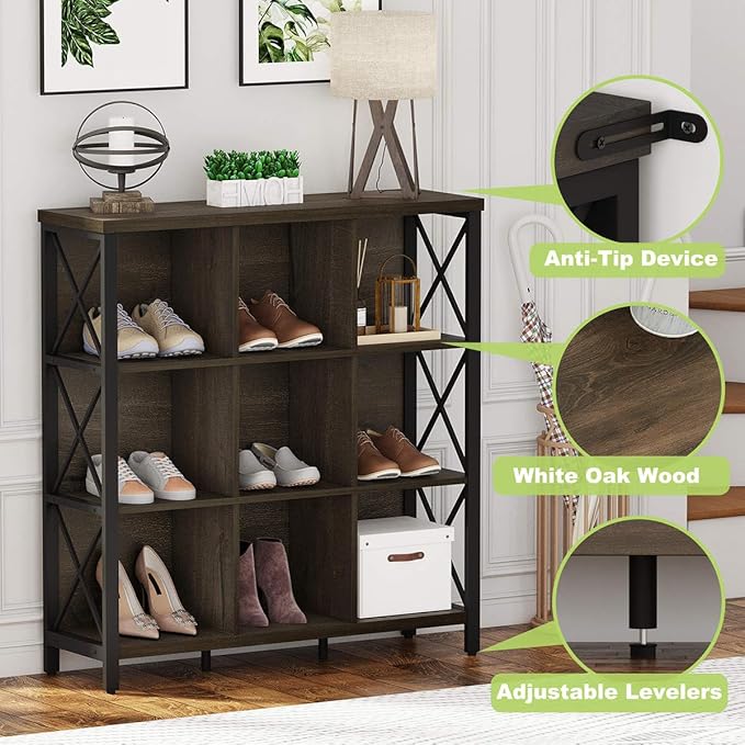 FATORRI 9 Cube Storage Bookshelf, Modern 4 Shelf Book Shelf, Wood and Metal Cubby Bookcase for Home Office (39.38 Inch W, Walnut Brown)