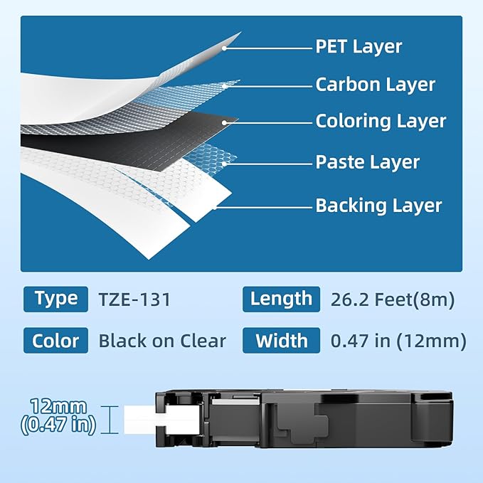Label Maker Tape Clear TZe TZ Tape 12mm 0.47 Laminated TZe-131 Replacement for Brother P-Touch Label Tape Black on Clear TZe131 for Ptouch PT-D220 D210 H110 1180 1280 1890 Refills, 4-Pack